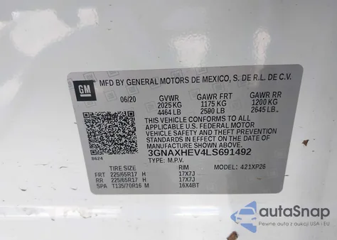 2020 Chevrolet Equinox Fwd Ls z USA, uszkodzony, nr VIN 3GNAXHEV4LS691492